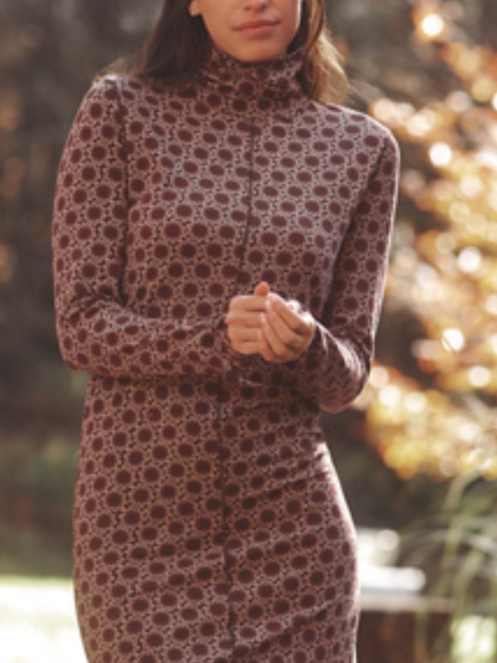 Anthropologie Brown Patterned Turtleneck Long-Sleeve Dress